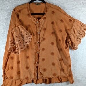 107-Made In Italy Embroidered Button-Up Top - Orange 💯 Cotton